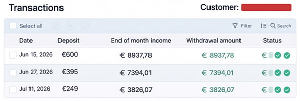 Example of platform transactions and withdrawals